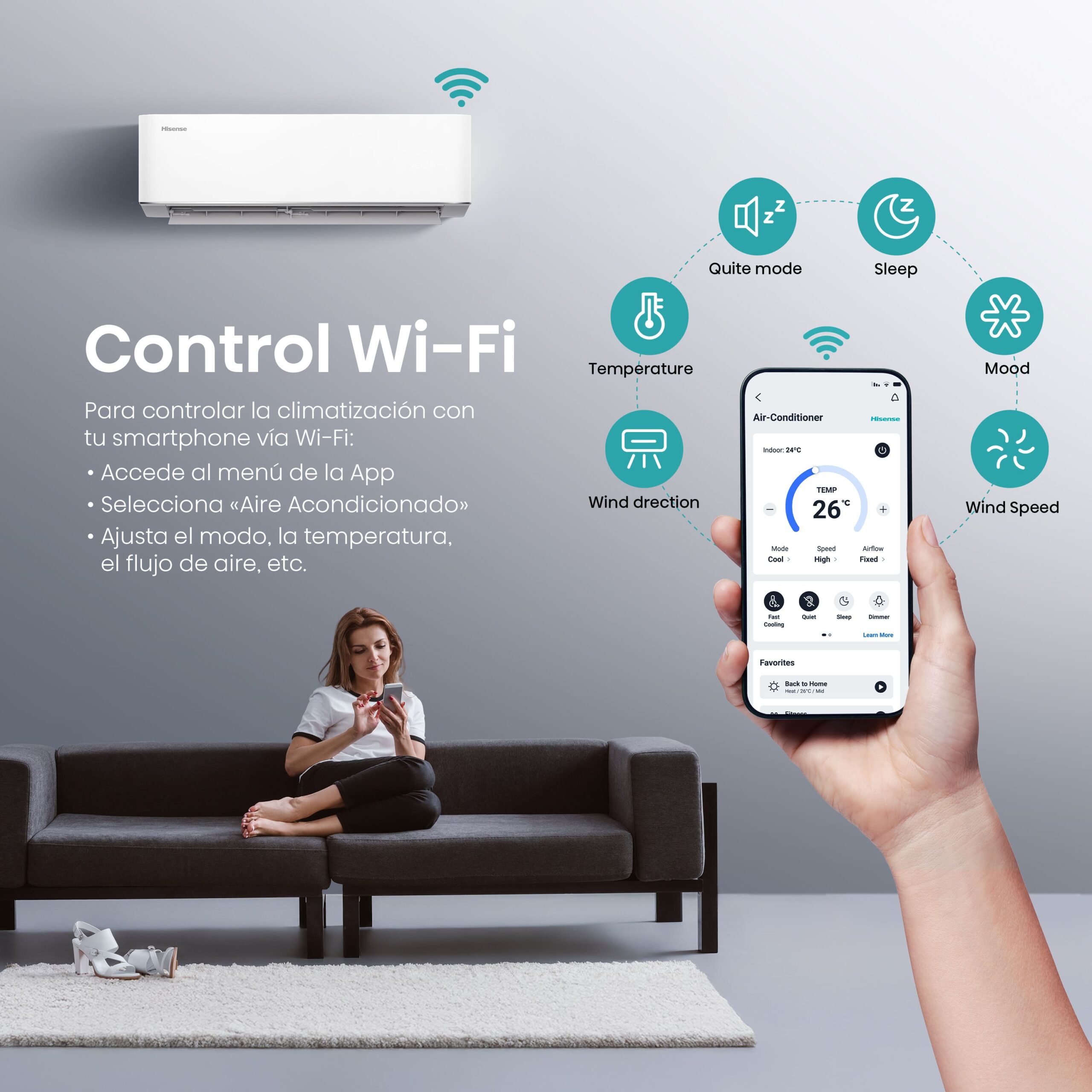 Control WiFi: el confort empieza antes de llegar a casa Una de las características más atractivas del HISENSE Max Confort HC25YC00 es su control WiFi, que permite gestionar la climatización desde el smartphone.  Puedes ajustar la temperatura, modificar el modo de funcionamiento, cambiar la velocidad del aire o preparar la estancia antes de llegar a casa. El resultado es una experiencia mucho más cómoda, en la que puedes adaptar el ambiente a tus preferencias sin necesidad de estar delante de la unidad.  Hisense incorpora además en la gama Max Confort display LED, temporizador de 24 horas, función I FEEL, cuatro modos noche y modo Sleep.